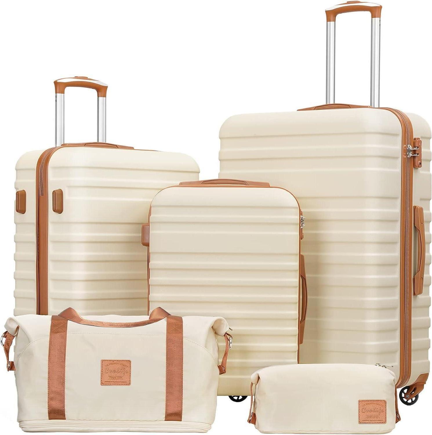 COOLIFE Koffer Trolley Set ABS Hartschale 4 Rollen TSA Schlüssel, 5tlg Weiß/Braun
