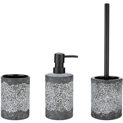 Badaccessoire-Set WENKO "Anfo", grau, strukturiert, Keramik, Badaccessoires-Sets, bestehend aus Seifenspender, WC-Garnitur, Zahnputzbecher