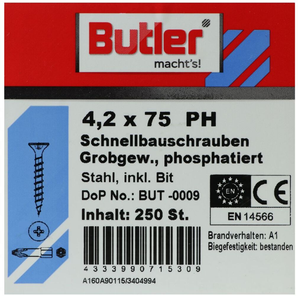 REYHER Butler macht's! Schnellbauschrauben inkl. Bit für Holz auf Holz, Grobgewinde, PH2, 4,2 x 75 mm, 250 Stück