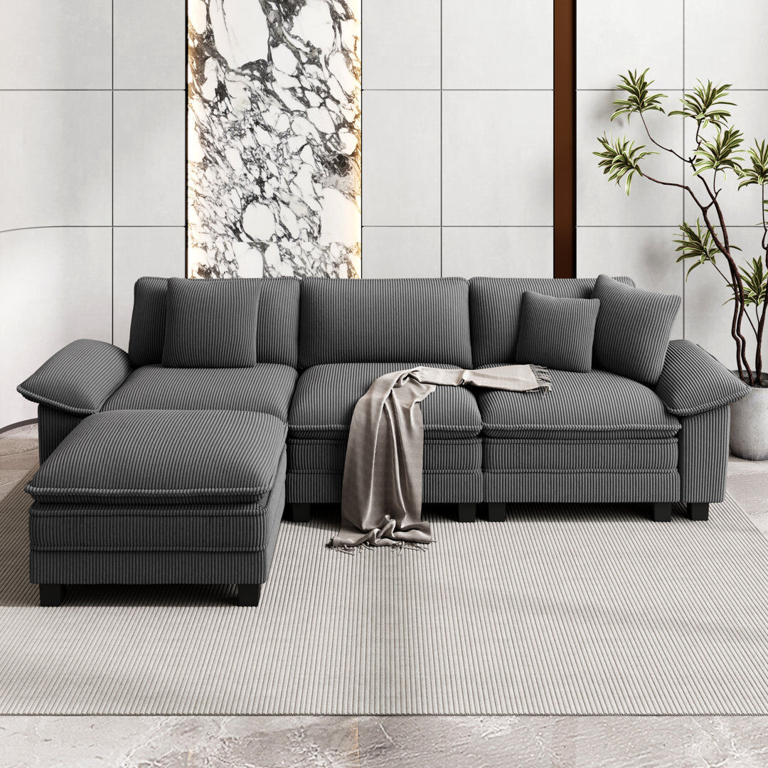 Blue Elephant Sofa & Chaise Light Grey Corduroy 4
