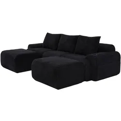 MODFU Kombinationssofa Cord Schwarz 268x174x66 cm, modular, mit Cupholder und Seitentasche
