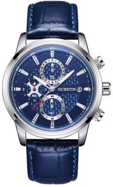 Everyday Crate OCHSTIN 6085B Mens Quartz Watch Waterproof Genuine Leather Business Wrist Watch silver+blue