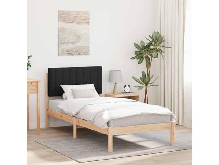 Massivholz Kiefer Leinen Look Kopfstütze Schlafzimmer Bettgestell Schwarz Einzelbettgestell Massivholz Kiefer mit Gepolstertem Leinen-Kopfteil Schwarz 90x190 cm Lattenrost Ohne Boxspring Modern