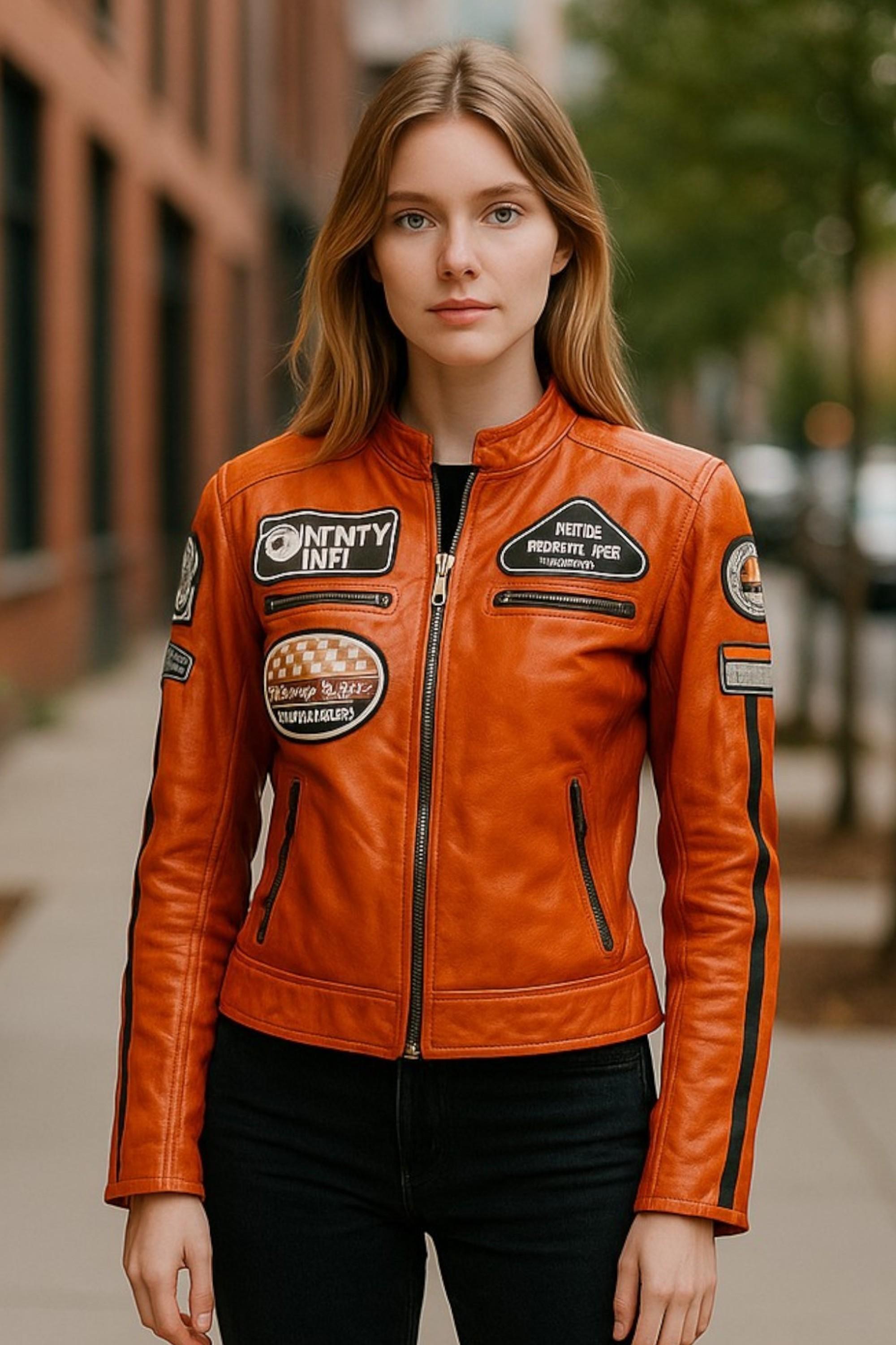 Damen Orange Biker Racing Badges Lederjacke-Eastleigh