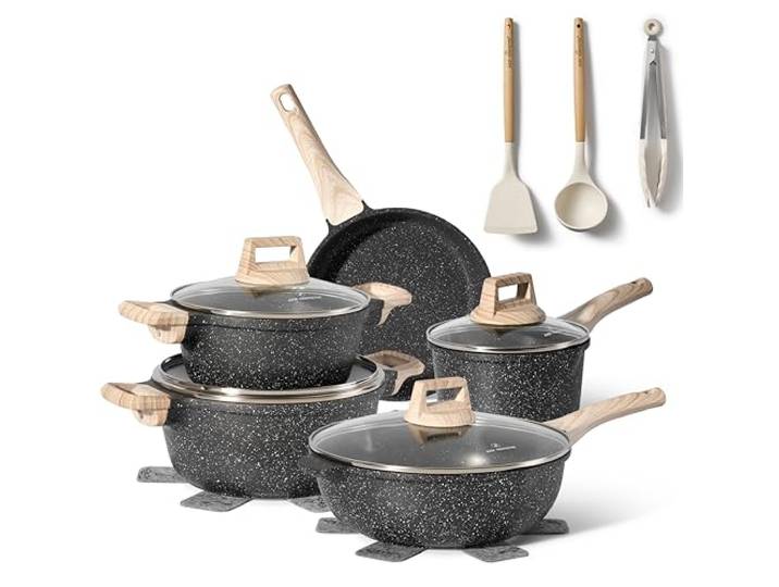JUST PERFECTO Topf und Pfannenset Induktion - Pfannenset mit deckel - Induktions Töpfe Set - Töpfe und pfannen set ohne PTFE und PFOA - Kochtopfset induktion (14-Teilig Schwarz)