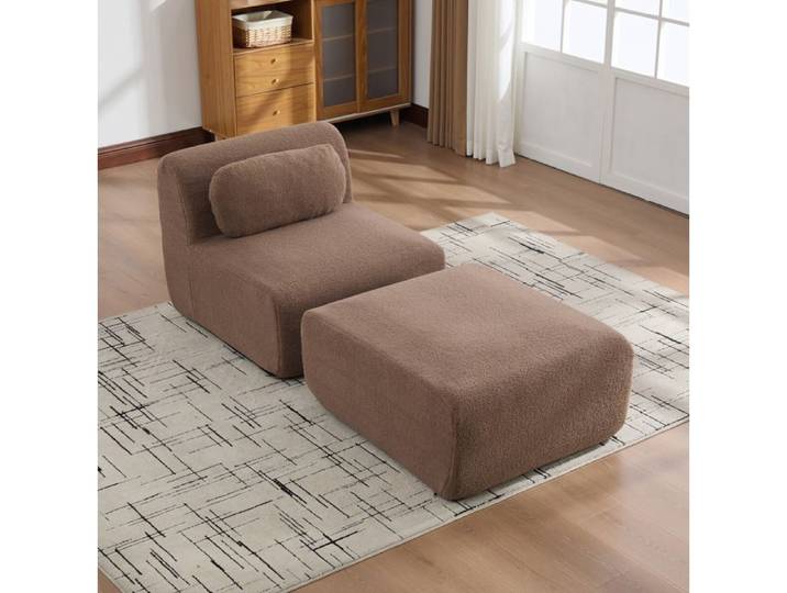 Fauteuil 1 Place En Chenille Camel Canape Compresse Boneless FloraGrace Pour Salon Et Detente Sans Montage Avec Pouf 177x79x71cm
