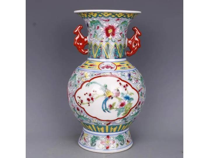 Vase en céramique pour fleurs d'oiseaux, avec poignée, sur pied, Vase de Famille chinoise, Amphora, Vase Oriental pour décoration de fleurs, Vases uniques