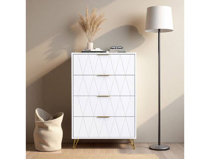 Commode - Blanche - 4 Tiroirs - Design Moderne - Système Anti-Renversement