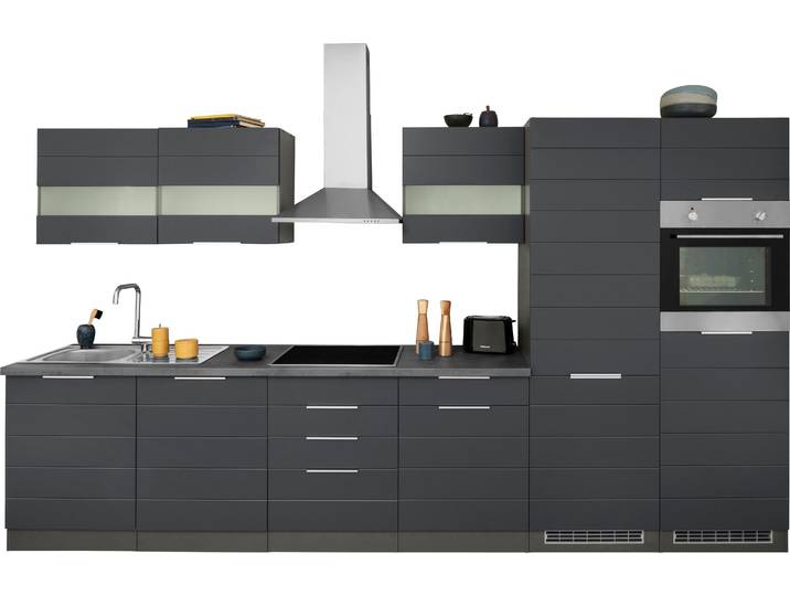 Küchenzeile, MDF, Grau & Weiß Matt, 360×60 cm, Inkl. E-Geräte, Modern, Kochstation