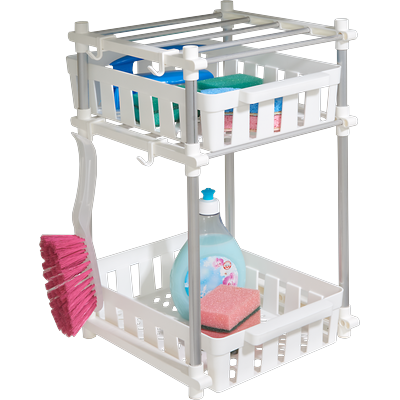 Küchenregal RUCO, grau (alu, weiß), B:30cm H:46cm T:34cm, Aluminium, Regale, Spülschrank-Organizer, Inkl. 2 Körben, 4 Haken, Aluminium/Kunststoff