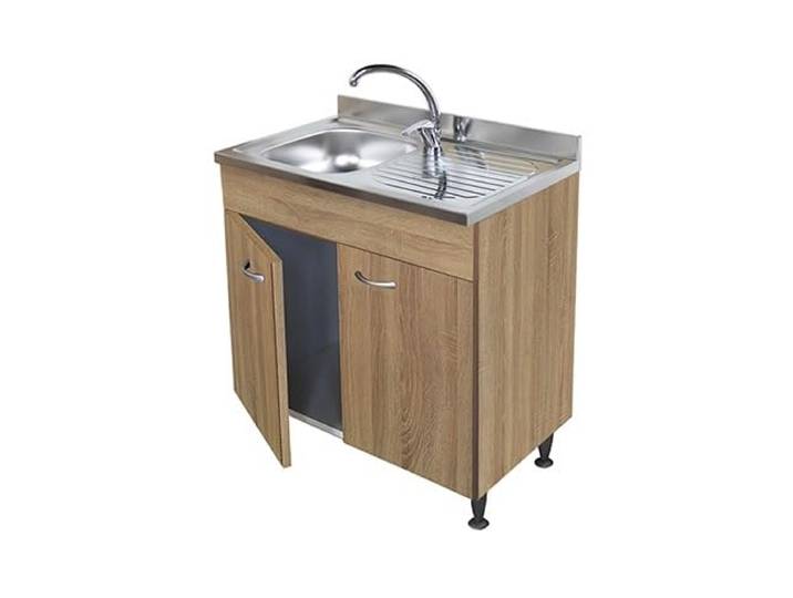Arredobagno e Cucine Unterschrank Teak, 2 Türen, komplett mit Spüle aus Edelstahl, 80 cm, Becken links
