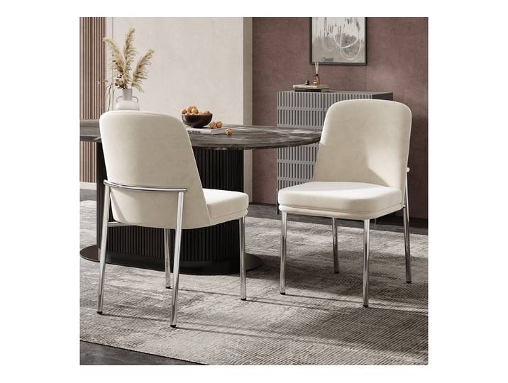 BlingBin Polsterstuhl Esszimmerstuhl Küchenstuhl Freizeitstuhl mit Verdickten Sitzkissen (2er Set, 2 St), Geeignet für Esszimmer, Rahmen aus Galvanisiertem Silber, Samt, Beige