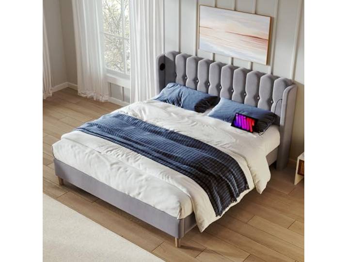 Ball & Cast Polsterbett 160x200, Doppelbett mit 2 USB-Typ-C-Ladeports, Polsterbett aus Leinen für Schlaf- und Gästezimmer, ohne Matratze, Grau