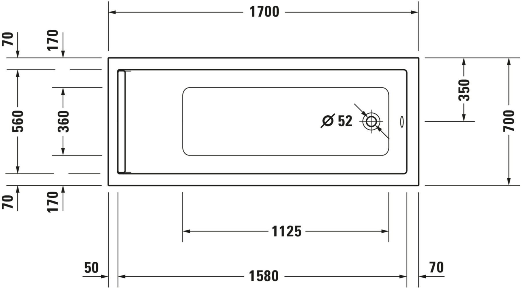 Duravit Whirlwanne Starck 170x70cm, Jet-Sys, EB-Version, 1 RS, we. (760334000JS1000)