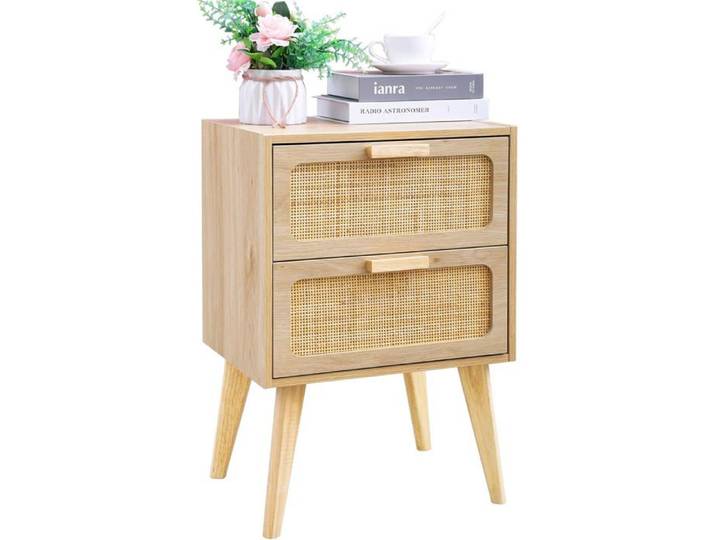 Table De Chevet Scandinave Table De Nuit En Rotin 2 Tiroir En Rotin Table D'Appoint Table De Nuit En Bois Bout De Canapé Ave[CA2]