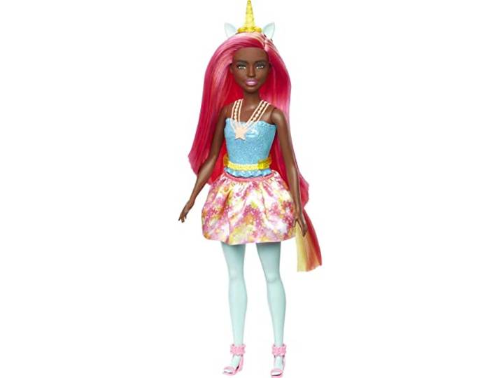barbie Dreamtopia pop eenhoorn met regenbooghaar en fantasierijke accessoires, verschillende modellen, geel (mattel HGR19)