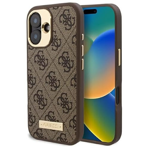 CG MOBILE Guess Hoes voor iPhone 16 6,1 inch Bruin Hardcase 4G Logo Plate