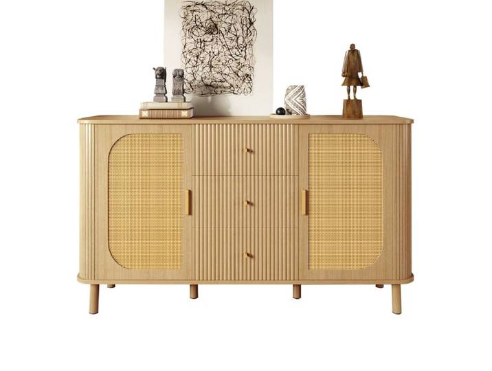 Buffet bas – Design arrondi – 2 portes effet rotin 3 tiroirs – Aspect bois – 140 cm