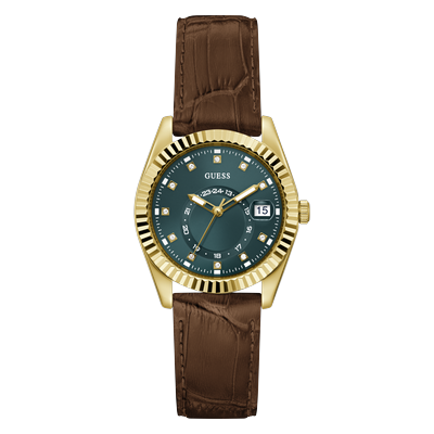 Quarzuhr GUESS "JADA", braun (braun, grün), Armbanduhren, Damen, goldfarben, Quarzuhr, Armbanduhr, Damenuhr, Lederarmband, analog, Tag