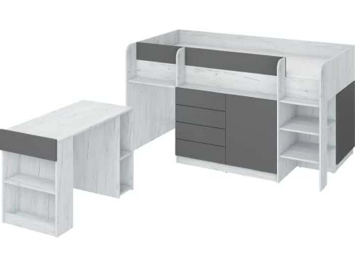 FurnitureByJDM Hochbett mit Schreibtisch, Schubladen & Bücherregal Platzsparendes Kinderbett 90x200 cm Matratzengröße – Rechtsseitige Treppe – SMILE (Craft Weiß/Graphit)