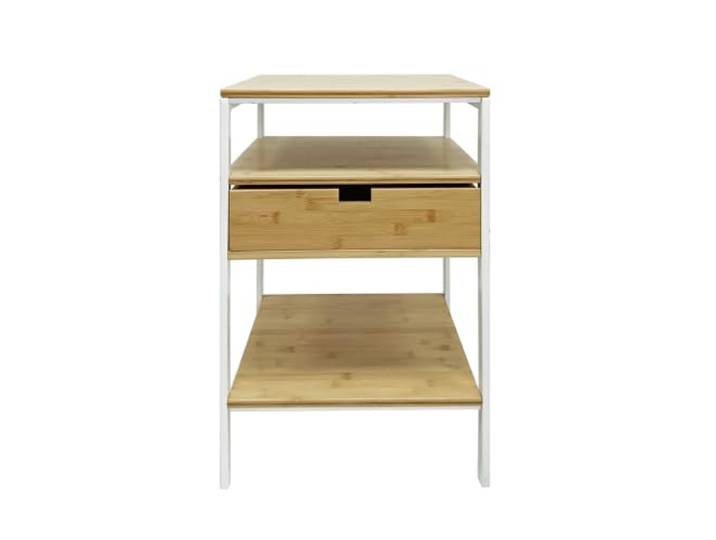 LIN HOME Nachttisch aus Bambus mit weißem Metallgestell, 43 x 33 x 55 cm Beistelltisch mit Schublade und Ablage für Schlafzimmer, Wohnzimmer und Büro XZ-22020