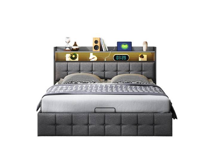 Shopentra Staurabett 140x190 Grau Kunstleder LED Ladeanschluss, Grau, 140x200 cm, Schlafzimmer, Betten, Boxspringbetten
