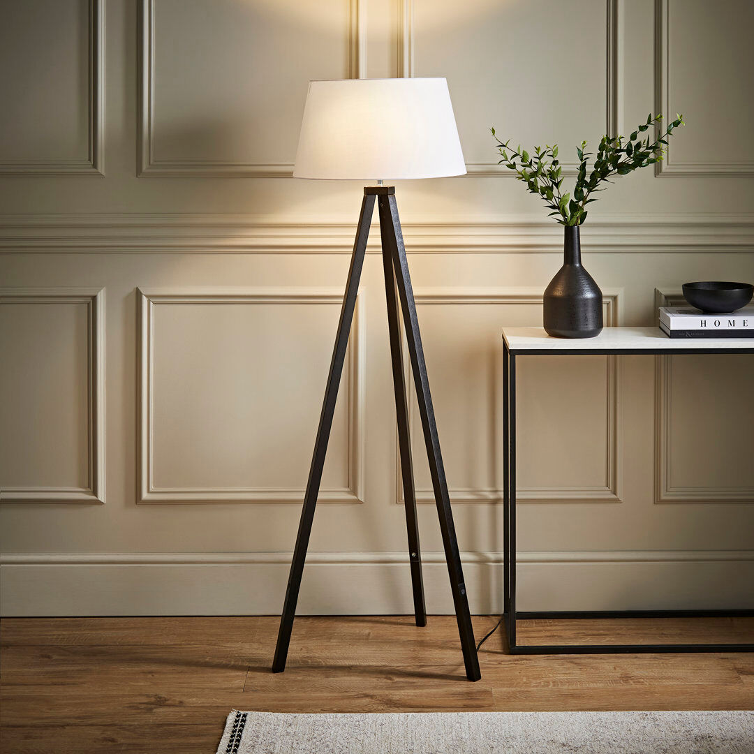 Fernleaf Nemours 159cm Basbro Tripod Floor Lamp Shade White/Black 159cm H X 65cm W X 65cm D