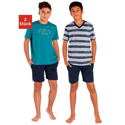 Pyjama LE JOGGER, Jungen, Gr. 182, bunt (petrol, marine, grau, meliert, marine), Jersey, Obermaterial: 100% Baumwolle, bedruckt, gestreift, Basic, lässig geschnitten kurz, Rundhals, abgesteppte Kante, Homewear-Sets Pyjama, kurzer Schlafanzug...