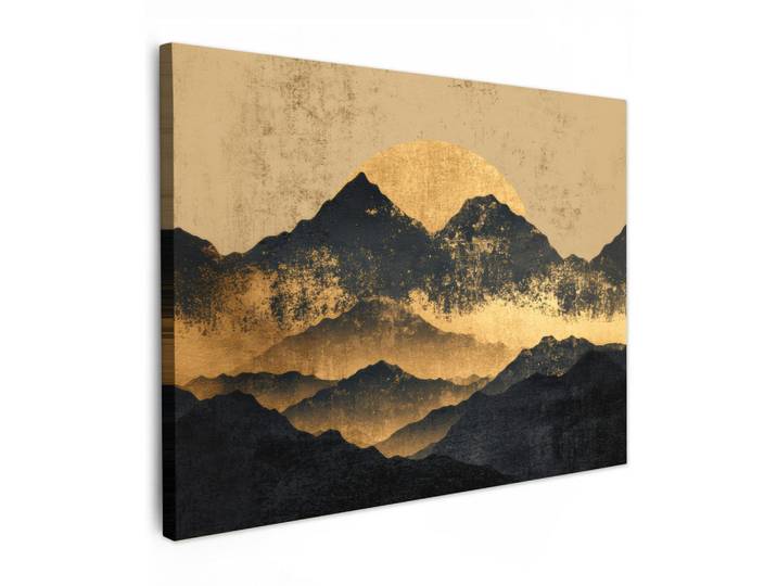 MuchoWow Leinwandbild - Goldene Berge bei Mondschein - 80x60 - Malerei, Goldfarben, Textil, Kiefer, Abstrakt, Rechteckig, 80x60 cm, gerahmt, Bilder & Rahmen, Bilder, Wandbilder