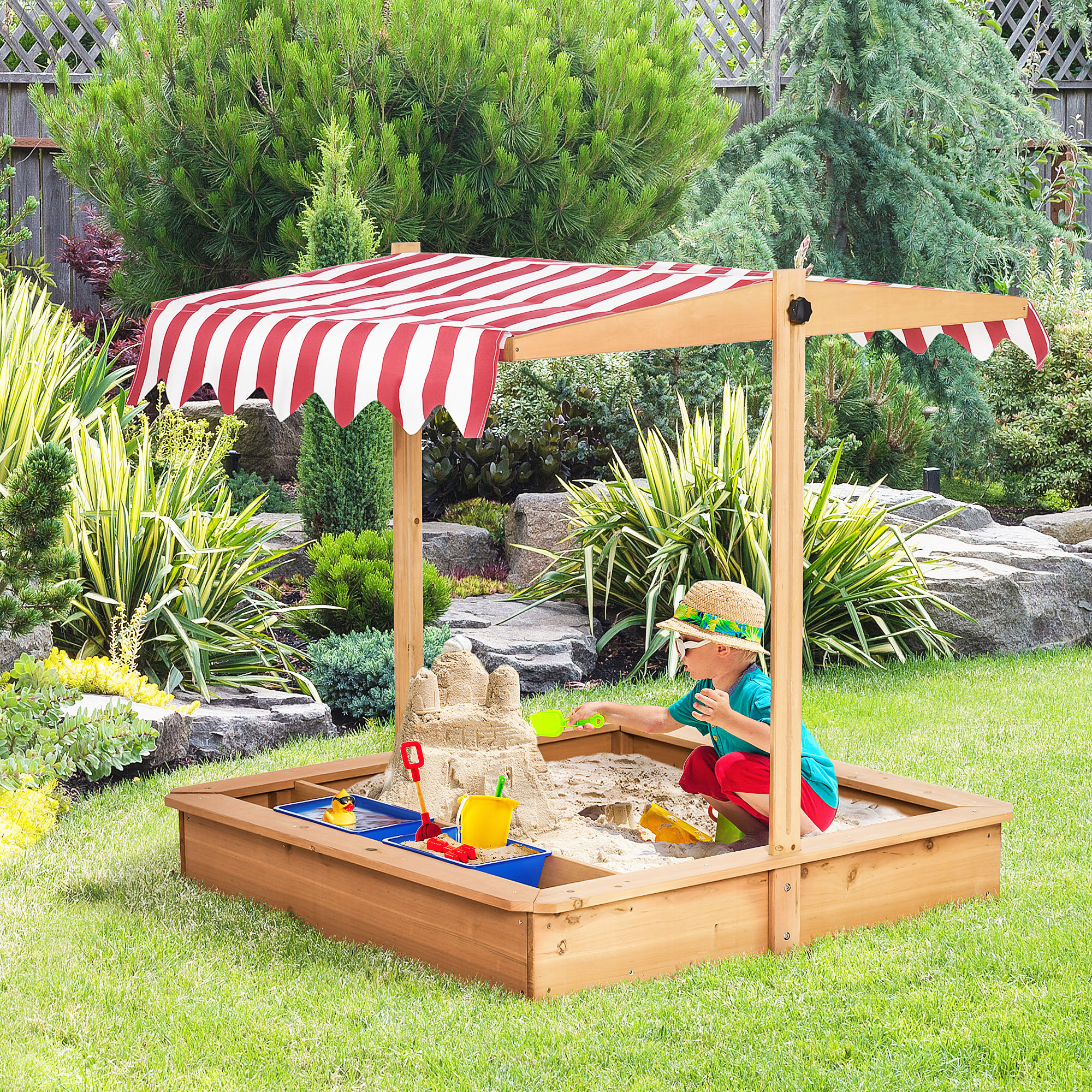Outsunny Sabbiera per Bambini in Legno con Tettuccio Regolabile in Altezza, Gioco da Giardino con Sedute sui Bordi e Vaschette, 107.5x107.5x110cm