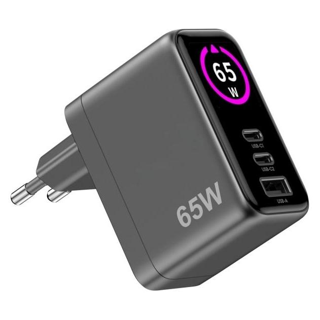 Celly Wandladegerät GaN 65W, mit integriertem Display (65 W, 3 Ports) (TCSCREEN2C1A65W)