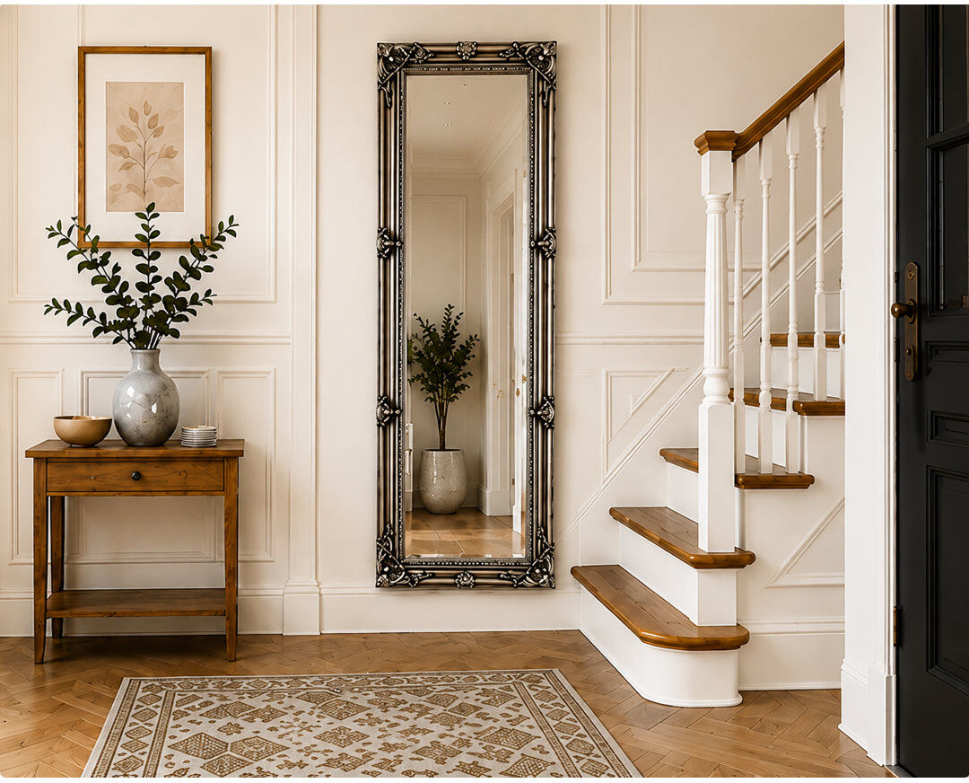 Astoria Grand Sade Tall Solid Wood Framed Wall or Dressing Mirror Antique Silver 142cm H X 5cm D