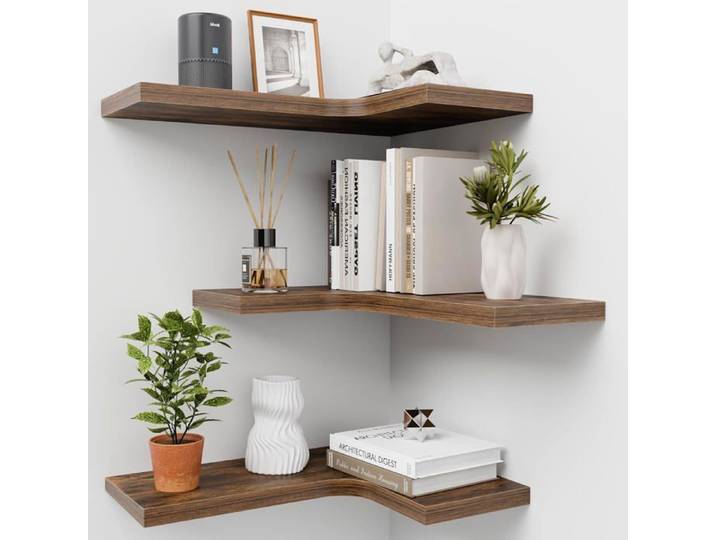 Etagère murale d'angle en bois marron - lot de 3 étagères suspendues en L pour décoration murale - 40 lbs