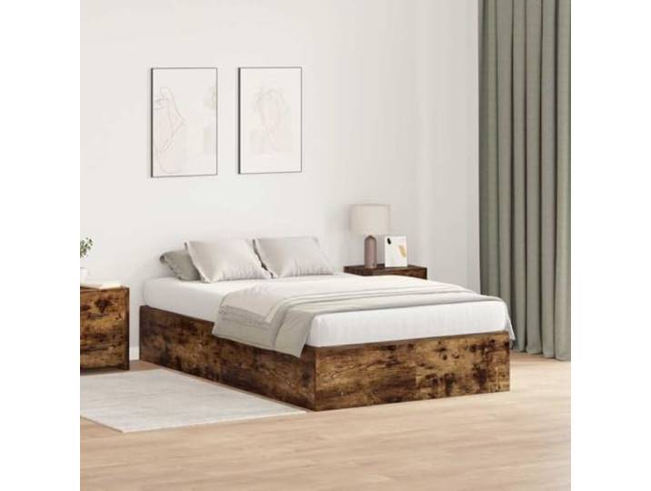 RJPLMFV Bettgestell, Aufbewahrung, Raucheiche, 120 x 200 cm Kiefer massiv, Flügeltüren, Griffe aus Kunstleder, modernes Design