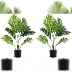 COSTWAY Set of 2 Artificial Areca Palm Tree, 90 cm, Artificial Plant in Pot, Artificial Palm Tree with Leaves, Artificial Plant Indoor Plant