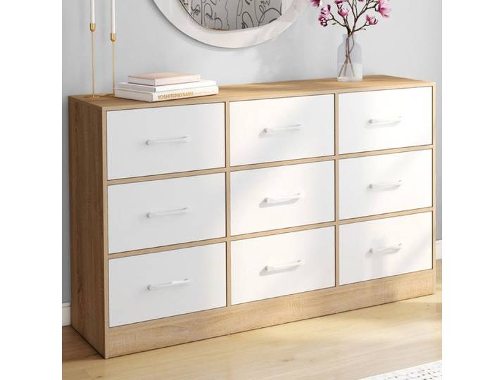 IDMARKET Commode 9 tiroirs en tissu UPPAH 113 cm meuble de rangement bois façon hêtre et blanc