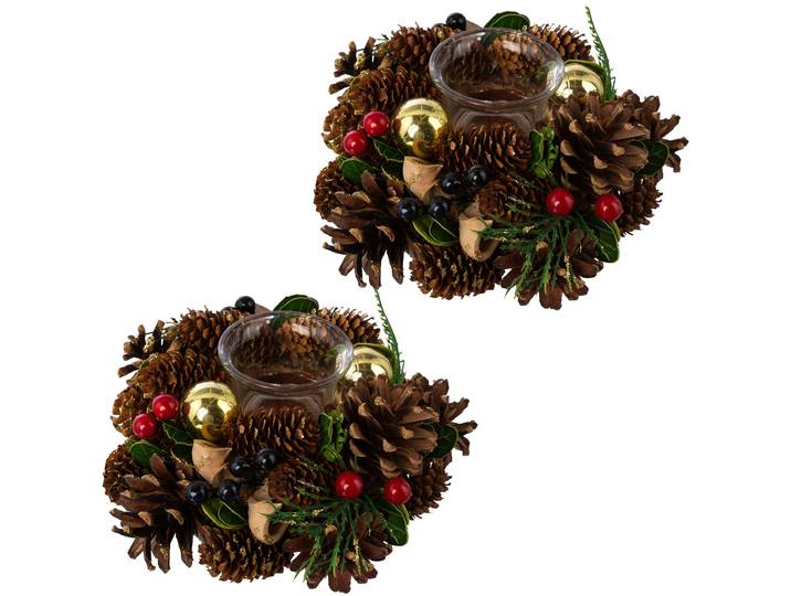 Teelichthalter CREATIV HOME Adventsgesteck mit Teelichthalter , braun (natur), H:8cm Ø:18cm, Kerzenhalter, Teelichthalter, mit Glitzer