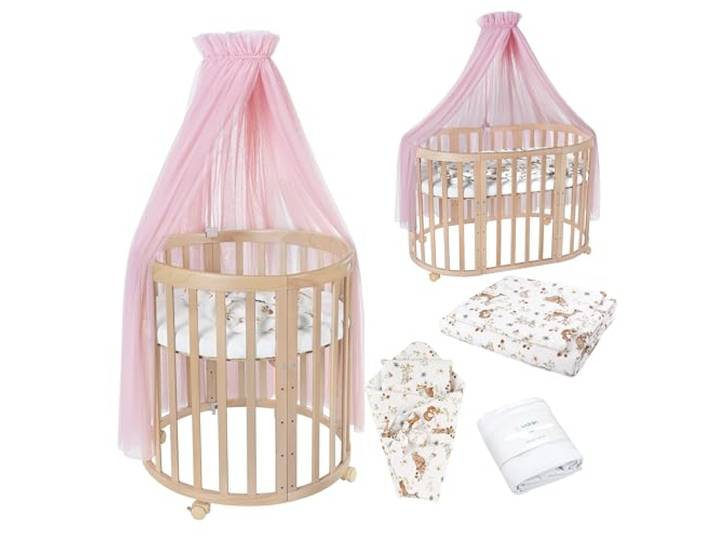 waldin Babybett Oval 7in1, Matratze, Rollen, Regal, Natur Rosa Tiere, Mitwachsend, Beistellbett aus Holz, Wiege optional