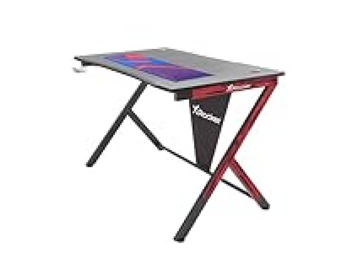 X Rocker Ocelot Aluminium Carbon Gaming Tisch Mit Stickern In Rot & Blau - Gerade - Rechteckige Form - Stahl - Stahl - Gaming - Schwarz - Blau - Rot