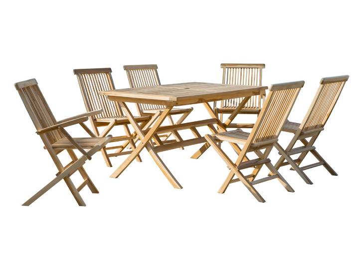 Sitzgruppe, Teakholz, Klappbar, 7-teilig, 2 Armlehnstühle & 4 Stühle, Naturbelassen, Möbilia