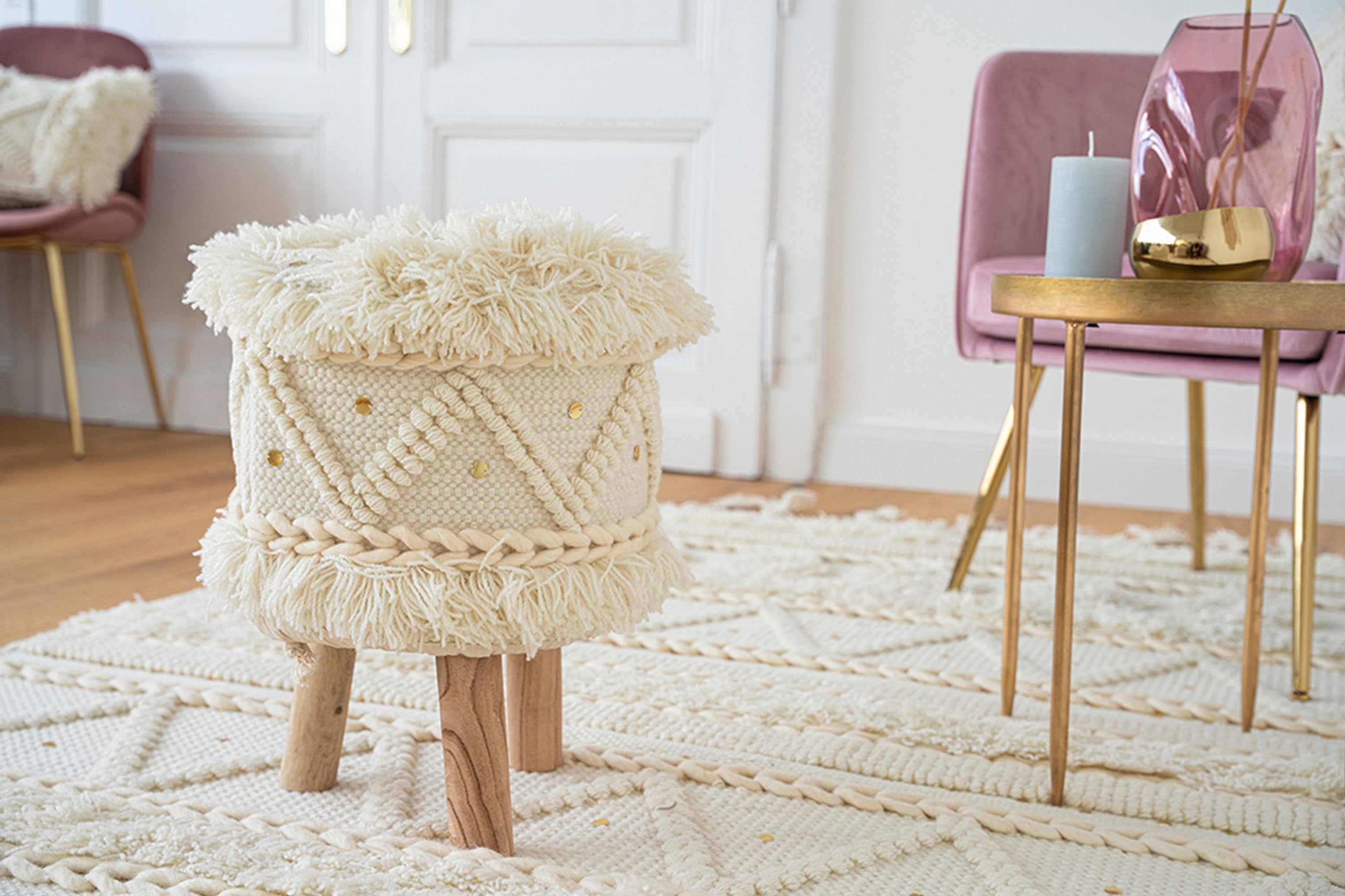 Sitzhocker KAYOOM "Hocker Bohist 525, charaktergebende Strukturen mit Fransen und Quasten", beige (creme), B:38cm H:50cm T:38cm, Sitzbezug: 90% Wolle 10% Baumwolle / Gestell: Barkain, Hocker, Sitzhocker, handgefertigtes Unikat, Boho-Style, gut kombinierba
