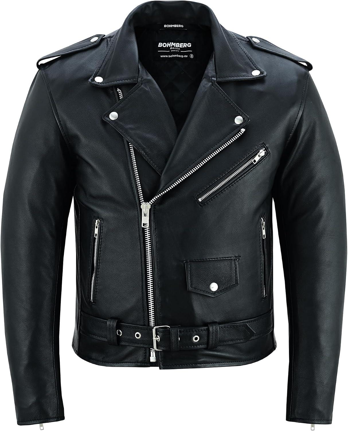 Lederjacke im Biker-Stil für Herren, aus vollnarbigem Leder, schwarz, Größe 4XL