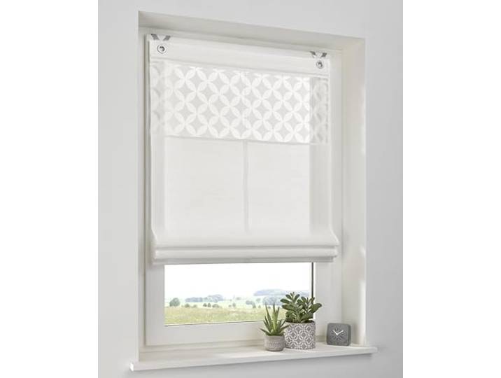 Kutti Raffrollo ohne Bohren Weiß „Jessy“ – Halbtransparentes Faltrollo mit Ausbrenner-Blende, grafisches Design, Baumwolle/Polyester, Fensterrollo modern, 100 x 140 cm