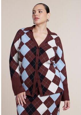 Plus Size Women's Argyle Intarsia Collared Cardigan by ELOQUII in Brick Argyle (Size 18/20)