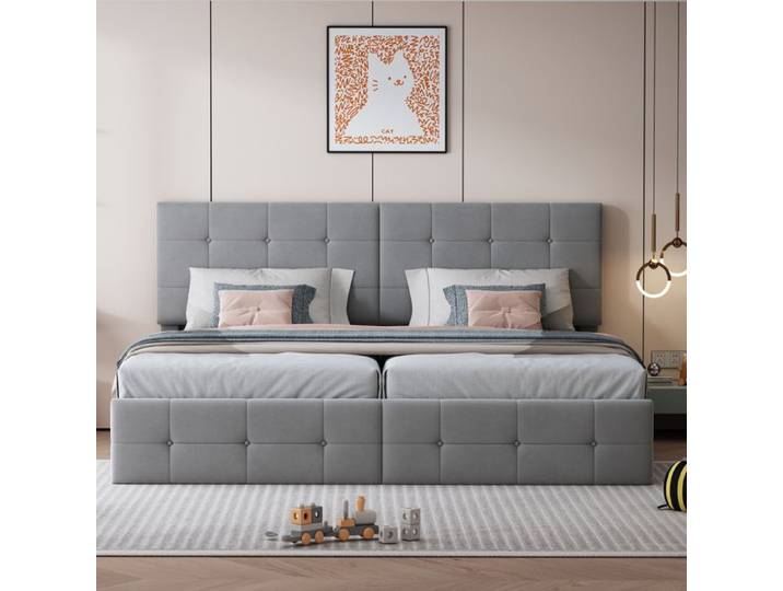 Lit rembourré hydraulique- 180x200cm- lit coffre- lit mezzanine- lit double multifonctionnel- velours- gris- sans matelas
