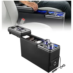 VEVOR Mittelkonsole 15 W 7-Farben LED Auto-Organizer zwischen den Sitzen für Smartphones und Elektronikgeräte, 5 V/3 A QC, 5 V/3 A PD-Typ-C, 12-24-V-Buchse, 3 Getränkehalter, Staufach und Schublade