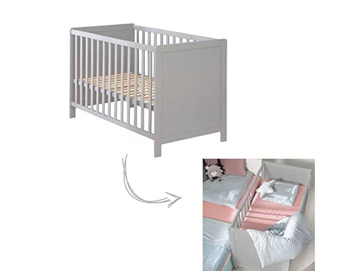 roba 2 in 1 Babybett 60 x 120 cm - Gitterbett & Beistellbett 6-fach Höhenverstellbar - 5 Schlupfsprossen - Holz grau / taupe