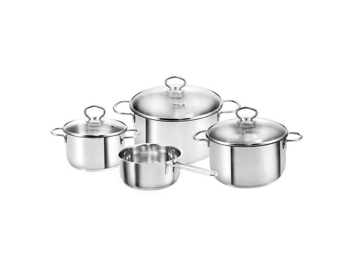 Kopf Topfset Merkur, Edelstahl, Induktion, 4-teilig, Edelstahlfarben, Metall, Rund, Skalierung, Kochgeschirr, Töpfe, Topfsets