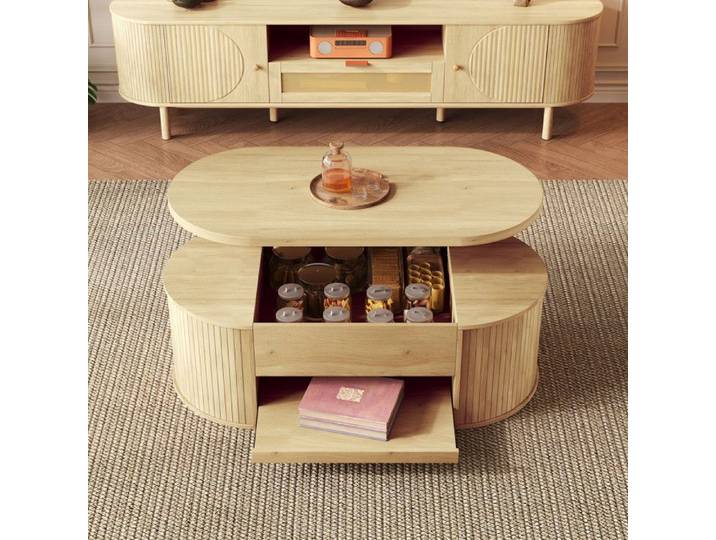 Table basse relevable 110x55.5x40cm - étagère coulissante plateau relevable - côtés en bois incurvés - Bois