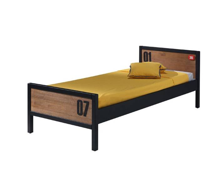 58 aufm Kessel Bettgestell Einzelbett Kameko 209x97x75 Kinderbett MDF+Massivholz Schwarz/Cognac (inkl. Versand, Lieferung bis Verwendungsstelle), Liegefläche 90x200, Massivholzfüllung mit Applikationen und Zahlen